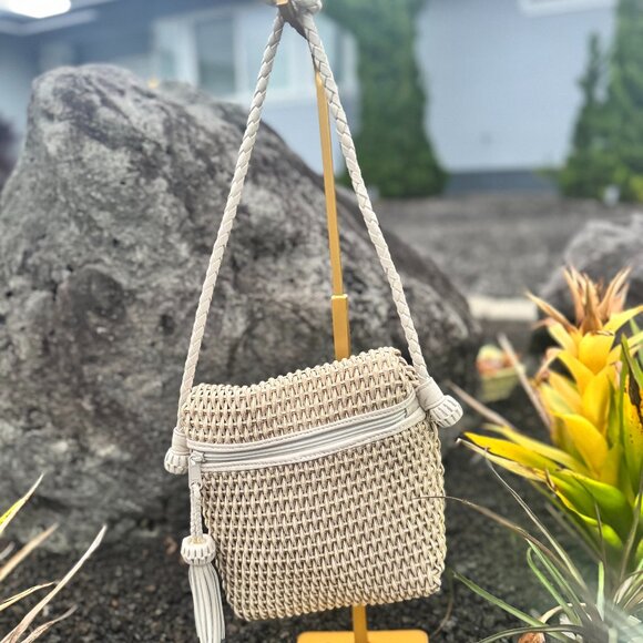 Sharif Handbags - Jay Herbert by Sharif Woven Leather Crossbody Bag with Tassel – Beige/Ivory